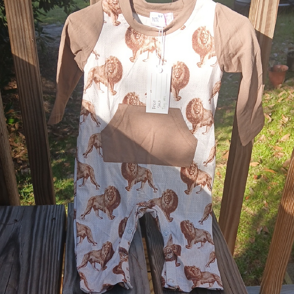 Brown and White Lion Print Baby Romper, 3-6 Months